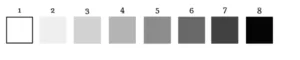 9 squares showing colours from white on the left, getting gradually darker, until they become black on the right