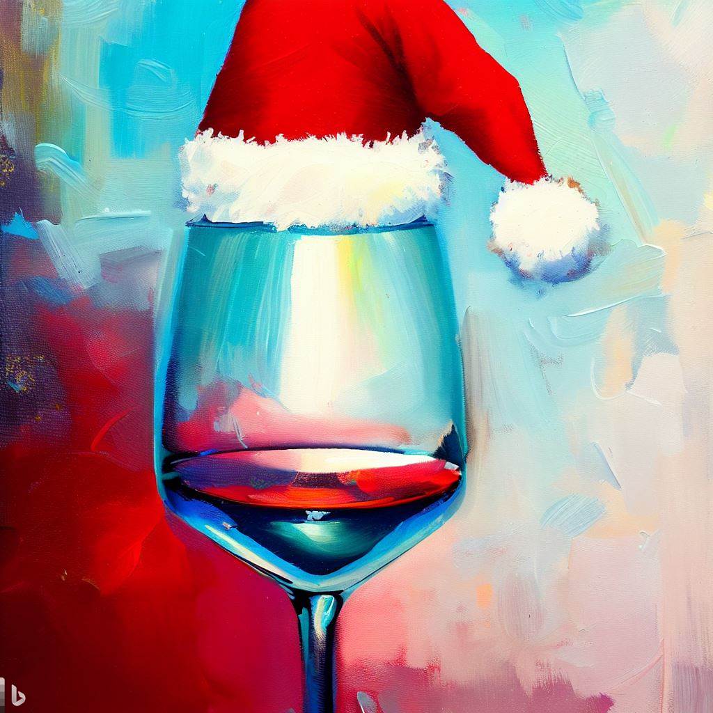 Image of a wine glass in a santa hat created by AI